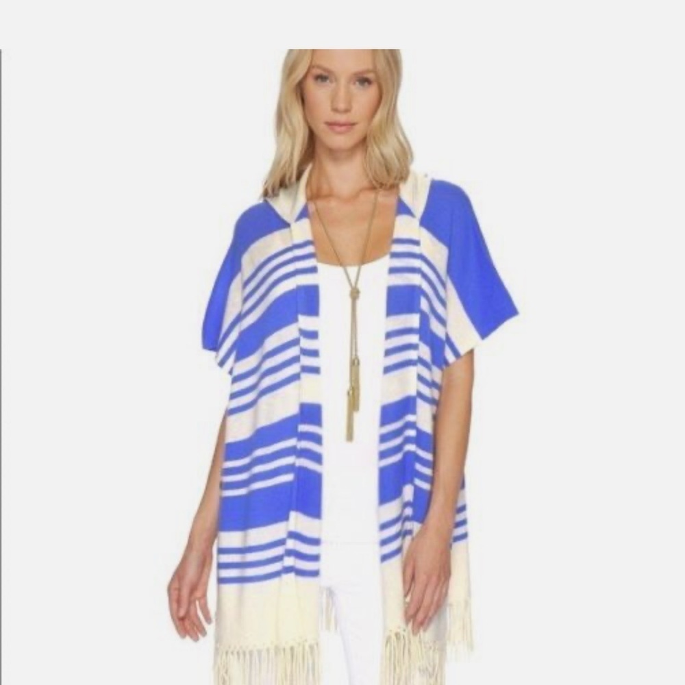 Lilly Pulitzer Avion Cashmere Cardigan Hoodie Blue Stripe Cape One Size - Picture 4 of 14